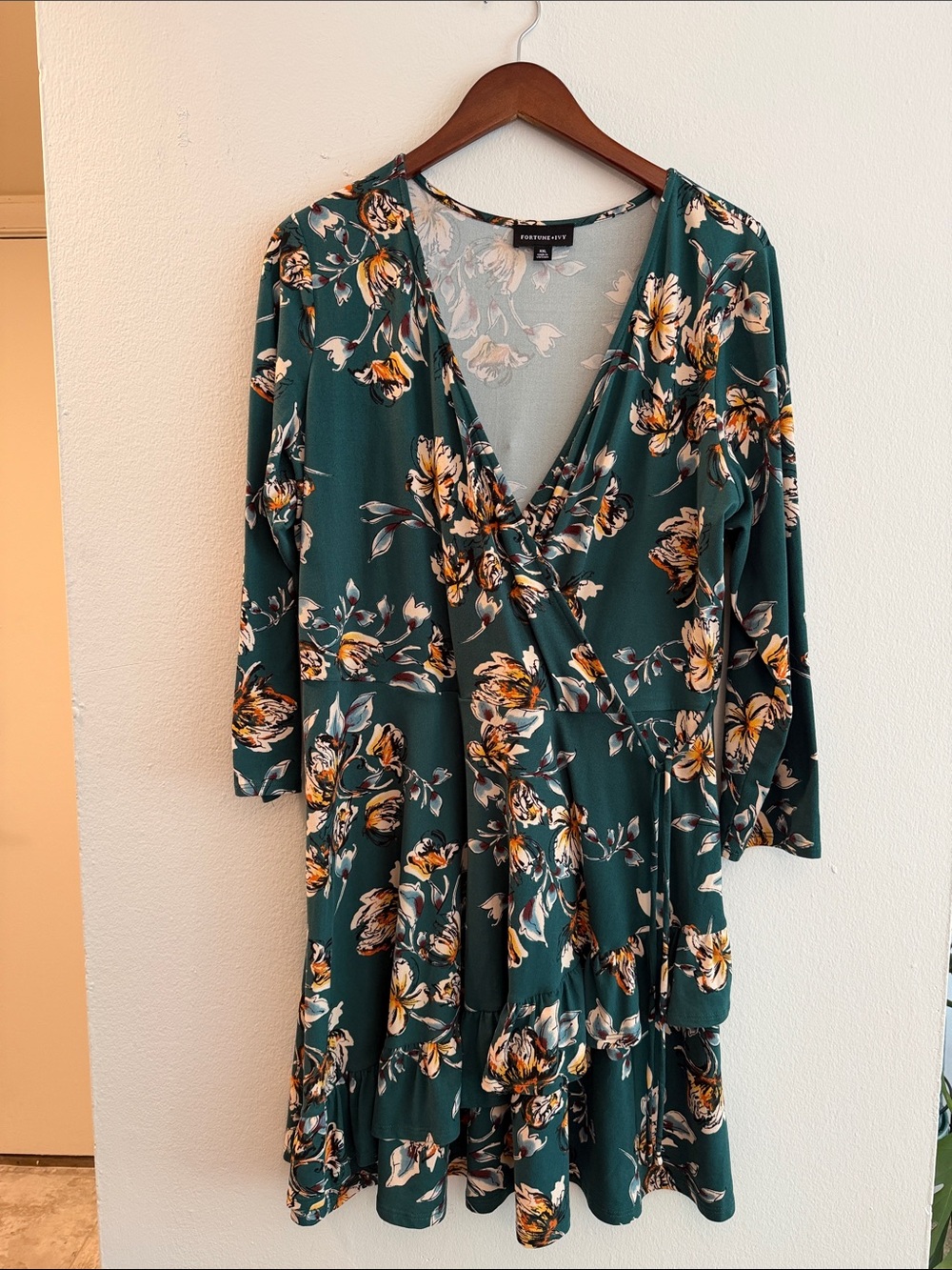 Floral Wrap Long-Sleeve Dress in Teal